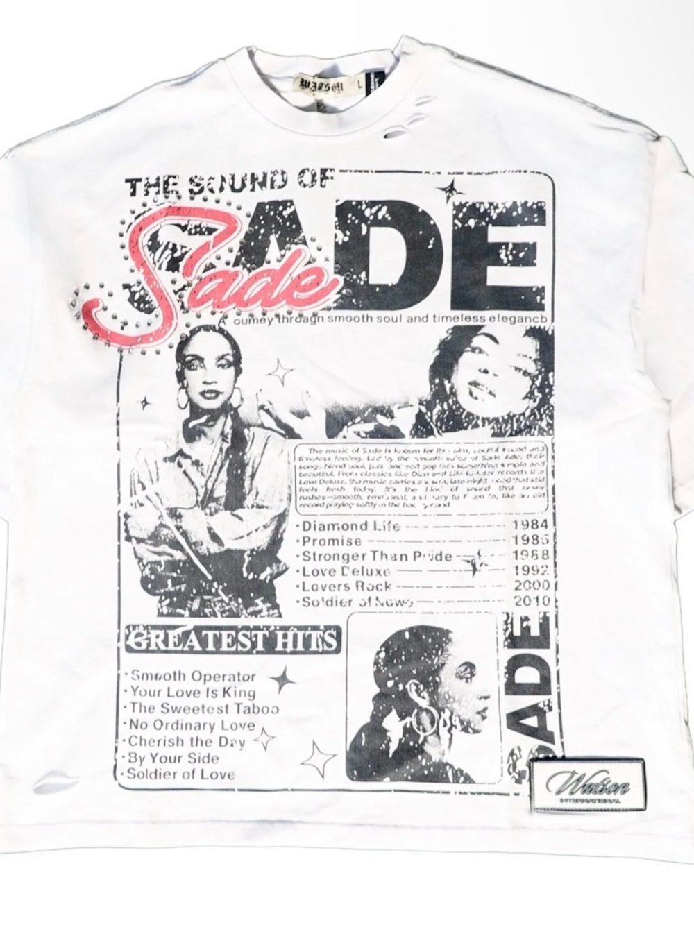 💎🎤💋🎤💎 White Sade Rhinestone Graphic Boxy Crop Tee